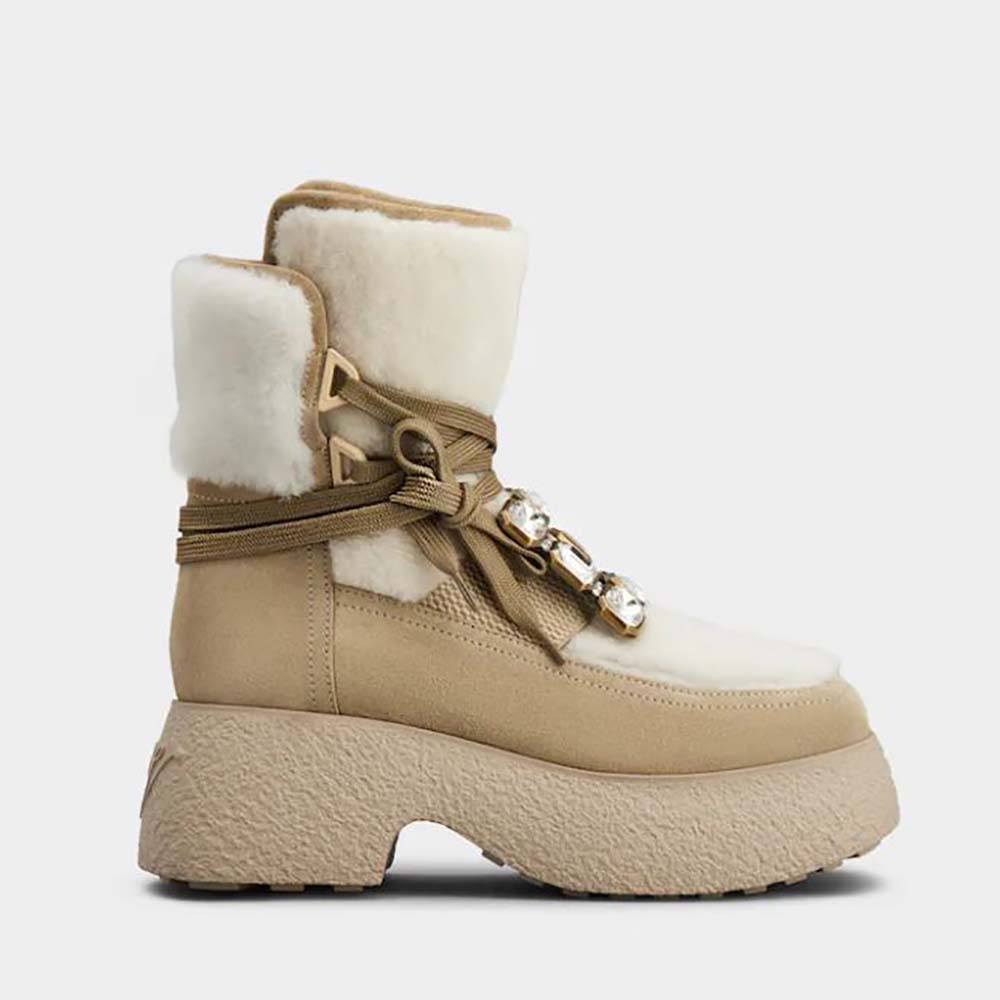 Side angle of Roger Vivier Women Viv’ Rangers Strass Buckle Flatform Booties in Suede-Beige