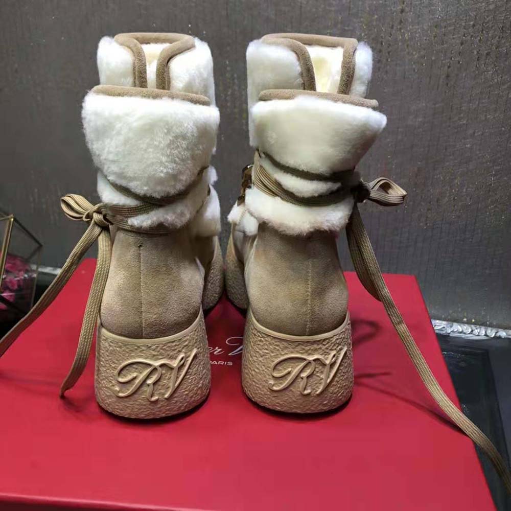 Roger Vivier Women Viv’ Rangers Strass Buckle Flatform Booties in Suede-Beige - image 6