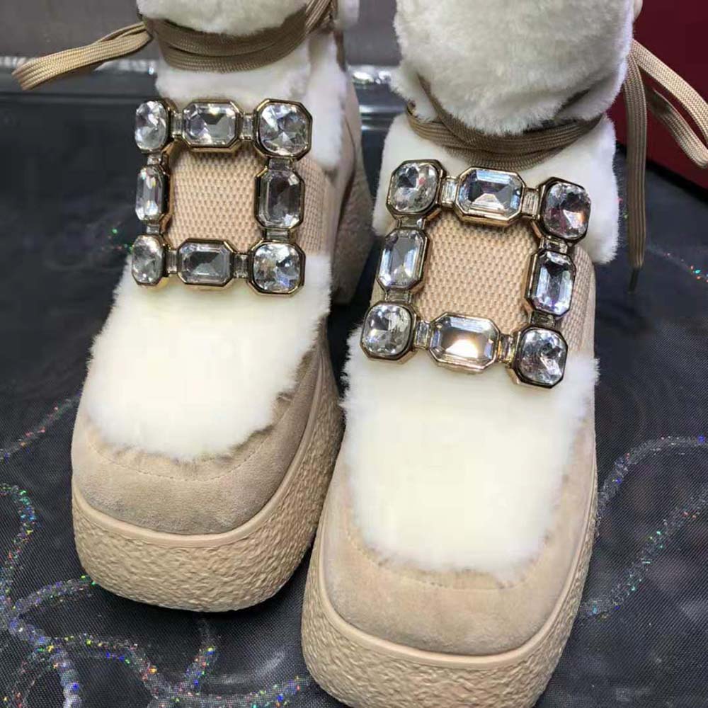 Roger Vivier Women Viv’ Rangers Strass Buckle Flatform Booties in Suede-Beige - image 9