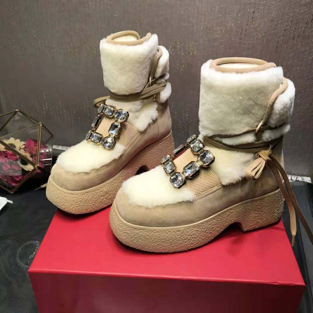 Roger Vivier Women Viv’ Rangers Strass Buckle Flatform Booties in Suede-Beige - image 4