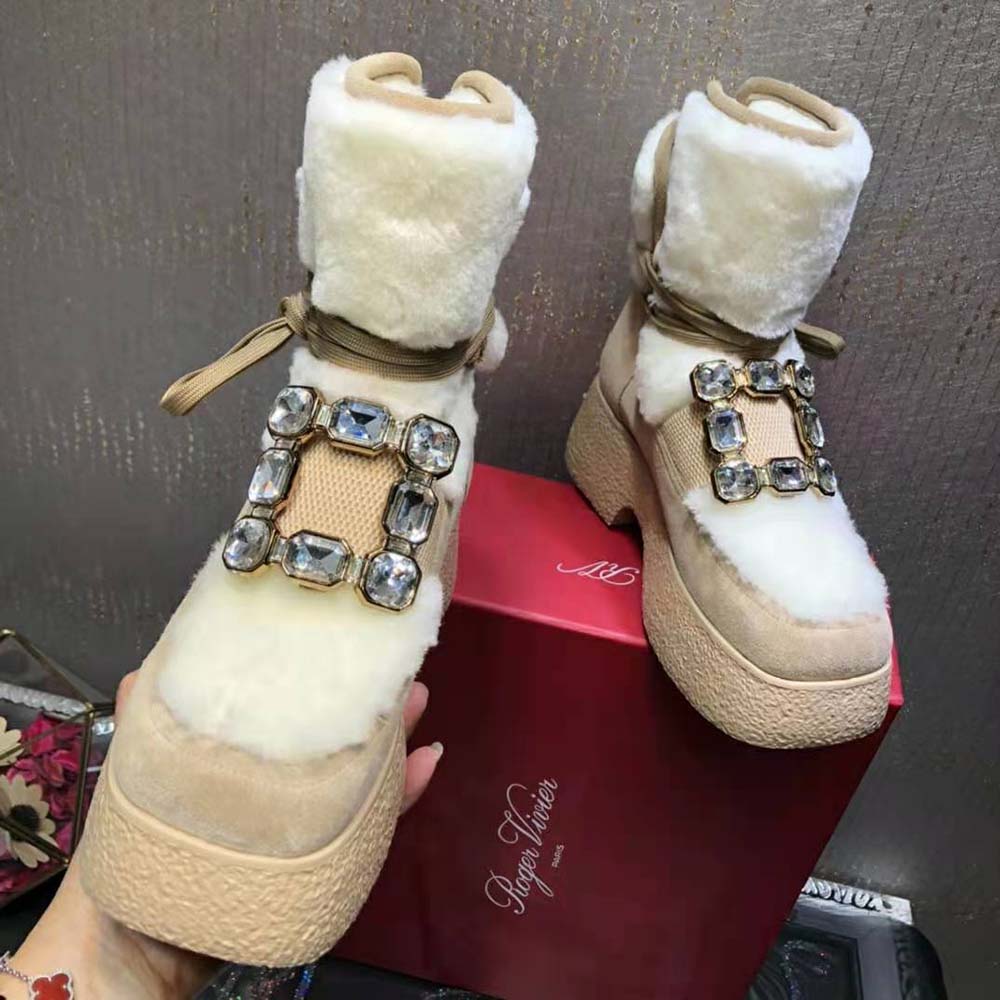 Roger Vivier Women Viv’ Rangers Strass Buckle Flatform Booties in Suede-Beige - image 5