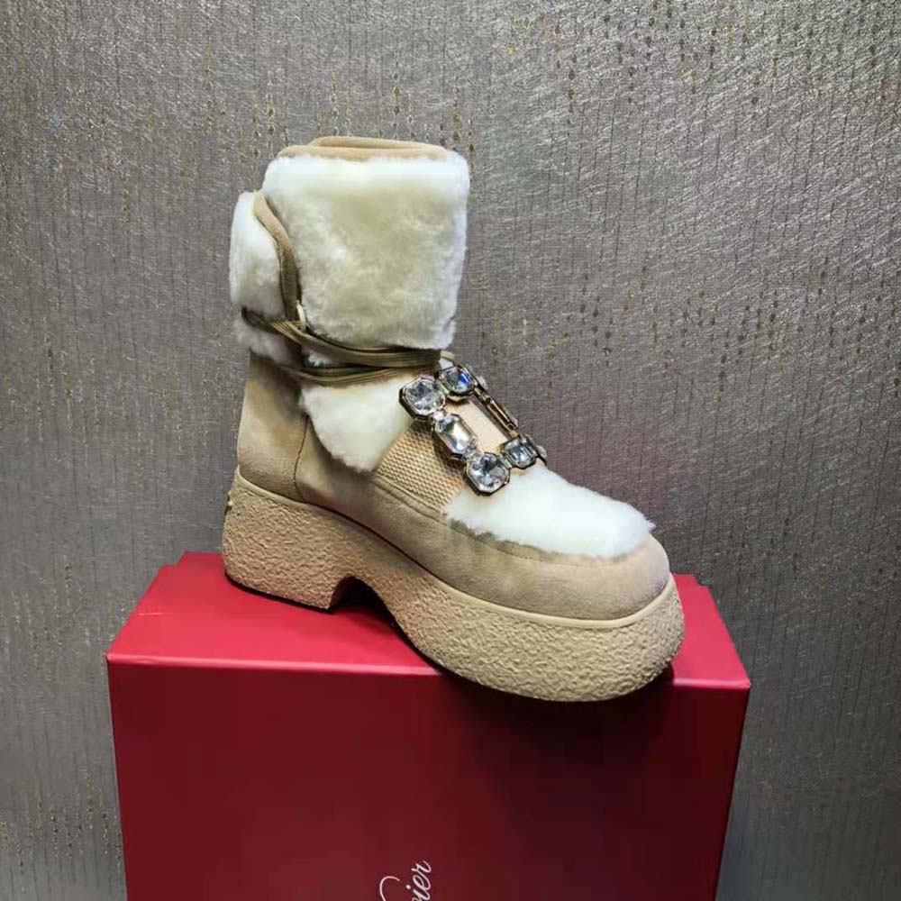 Roger Vivier Women Viv’ Rangers Strass Buckle Flatform Booties in Suede-Beige - image 7