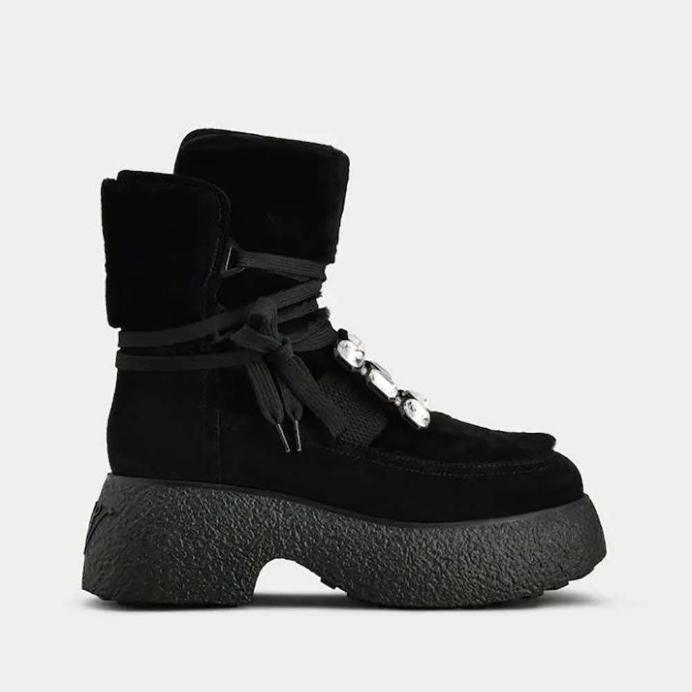 Side profile of Roger Vivier Women Viv’ Rangers Strass Buckle Flatform Booties in Suede-Black