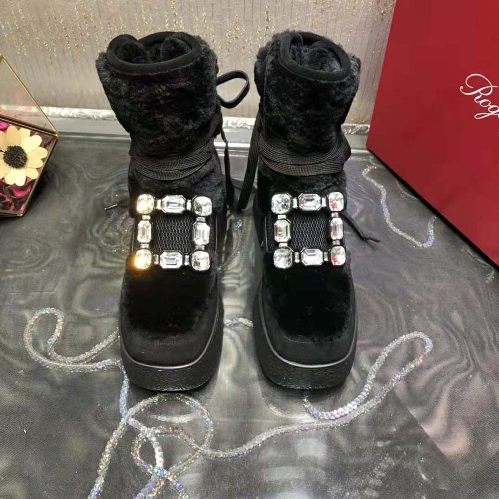Roger Vivier Women Viv’ Rangers Strass Buckle Flatform Booties in Suede-Black - image 4