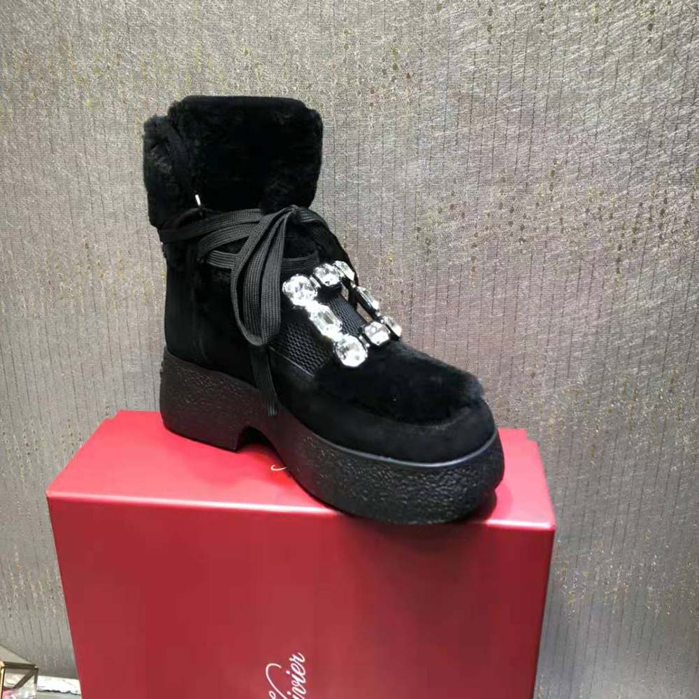 Roger Vivier Women Viv’ Rangers Strass Buckle Flatform Booties in Suede-Black - image 9