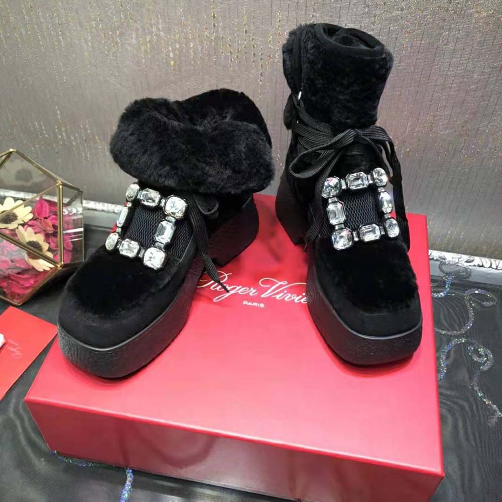 Roger Vivier Women Viv’ Rangers Strass Buckle Flatform Booties in Suede-Black - image 5