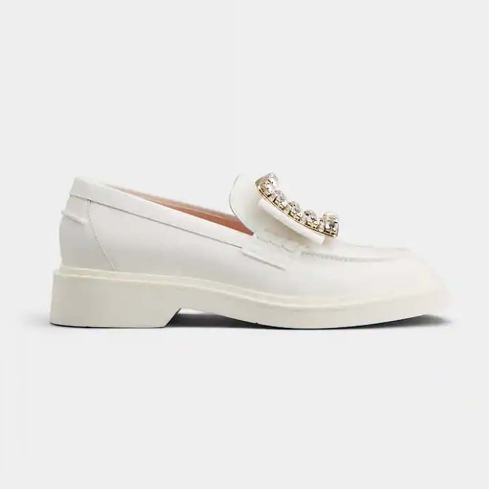 Side angle of Roger Vivier Women Viv’ Rangers Strass Buckle Loafers in Leather