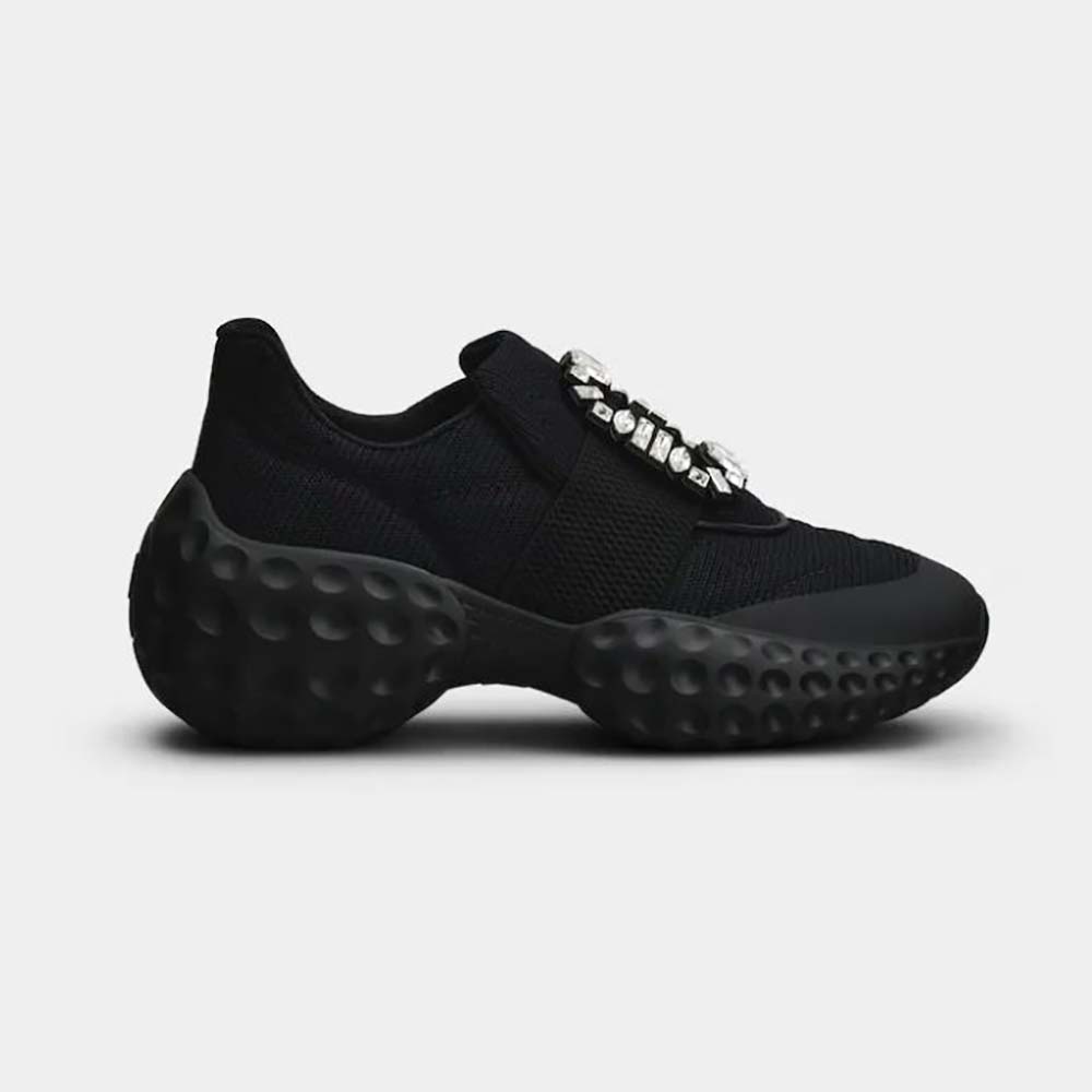 Side view of Roger Vivier Women Viv Run Light Strass Buckle Sneakers in black fabric