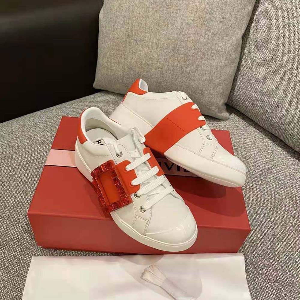 Roger Vivier Women Viv Skate Strass Buckle Sneakers in Soft Leather-Red - image 4