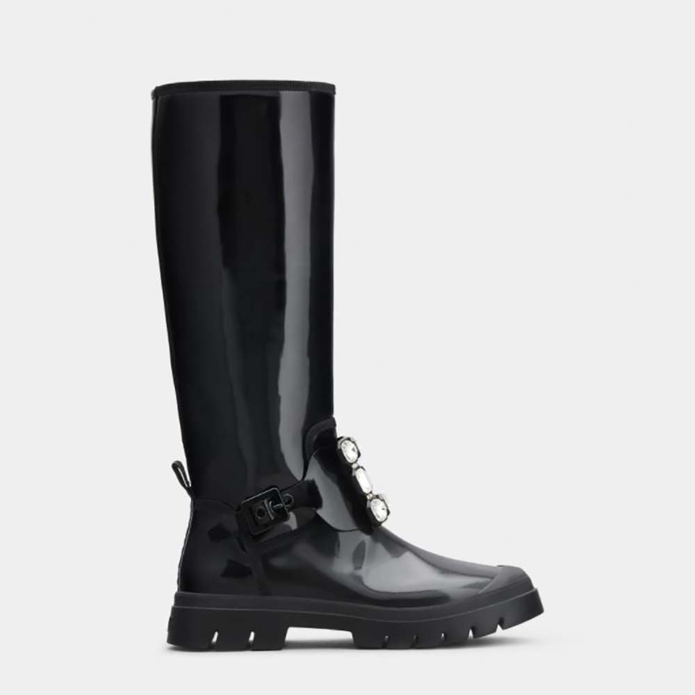 Side view of Roger Vivier Women Walky Viv’ Strass Buckle High Boots in black leather