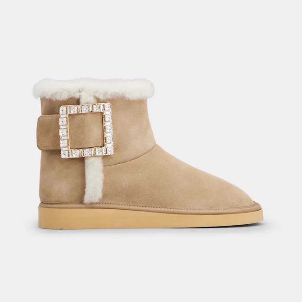 Side profile of Roger Vivier Women Winter Viv’ Strass Buckle Booties in Suede