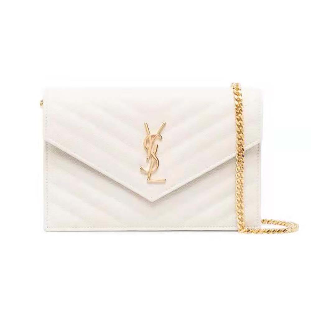 Saint Laurent YSL Women Monogram Chain Wallet in Grain De Poudre Embossed Leather-White - image 1