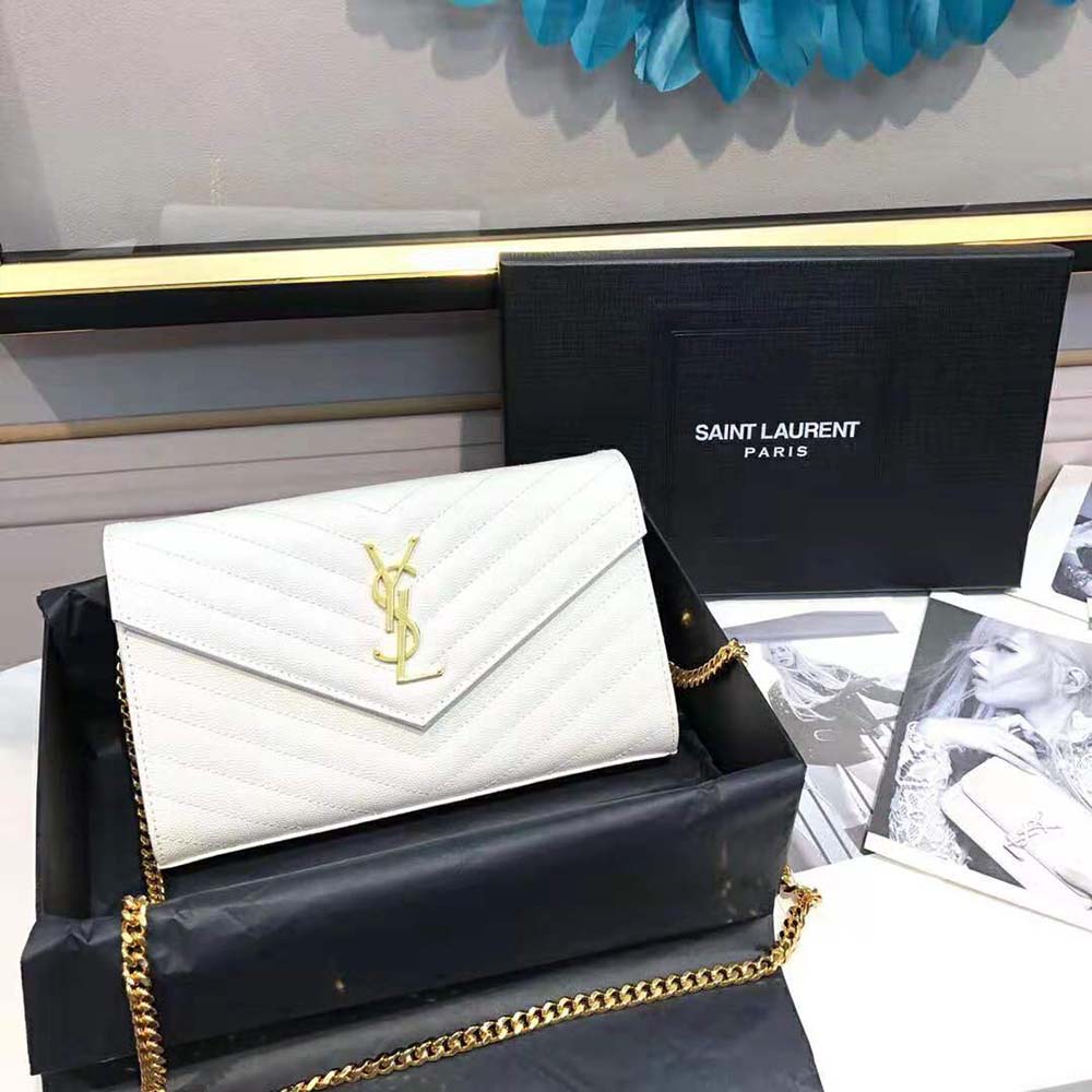 Saint Laurent YSL Women Monogram Chain Wallet in Grain De Poudre Embossed Leather-White - image 2