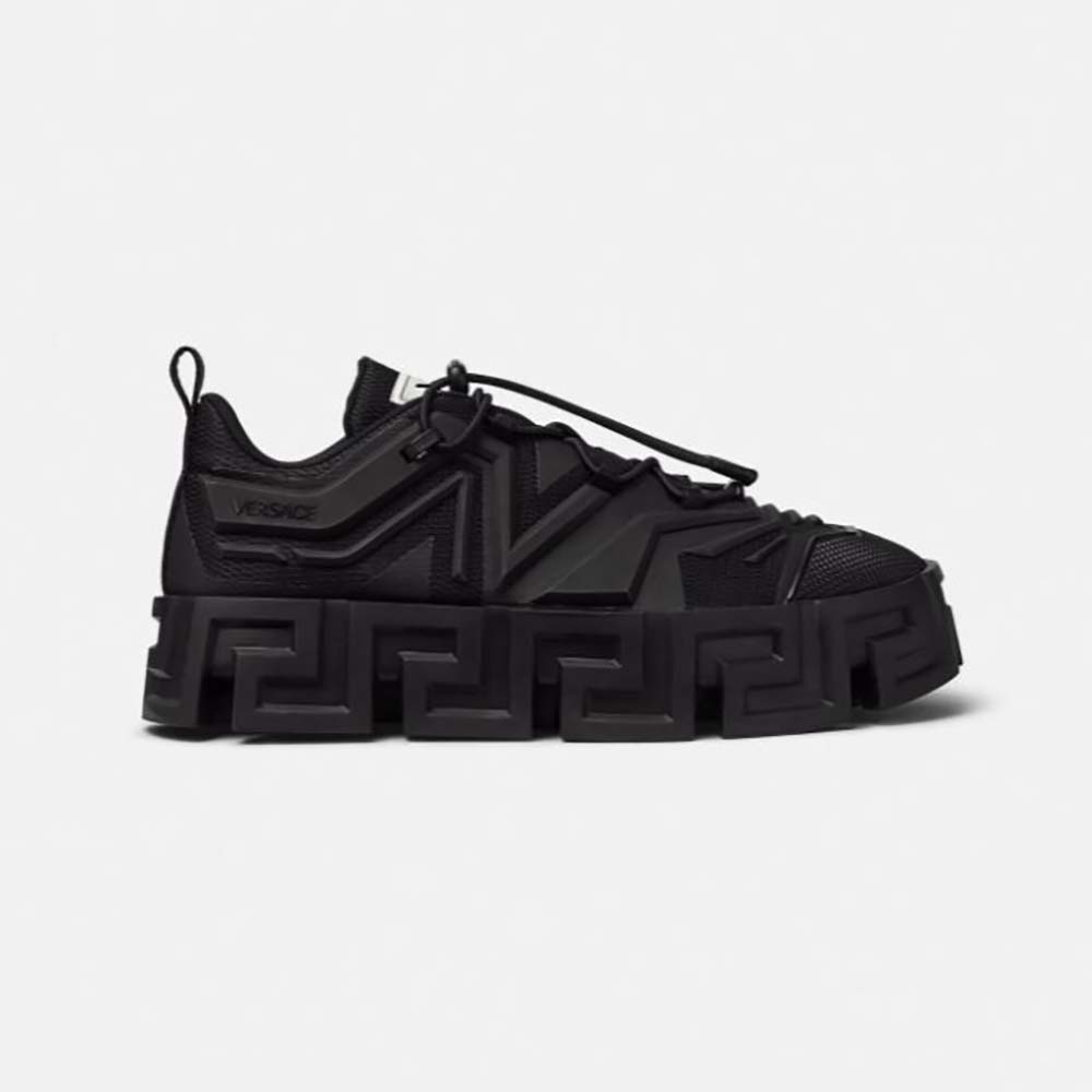 Side profile of Versace Men Greca Labyrinth Lace-up Shoes-Black showing sleek leather