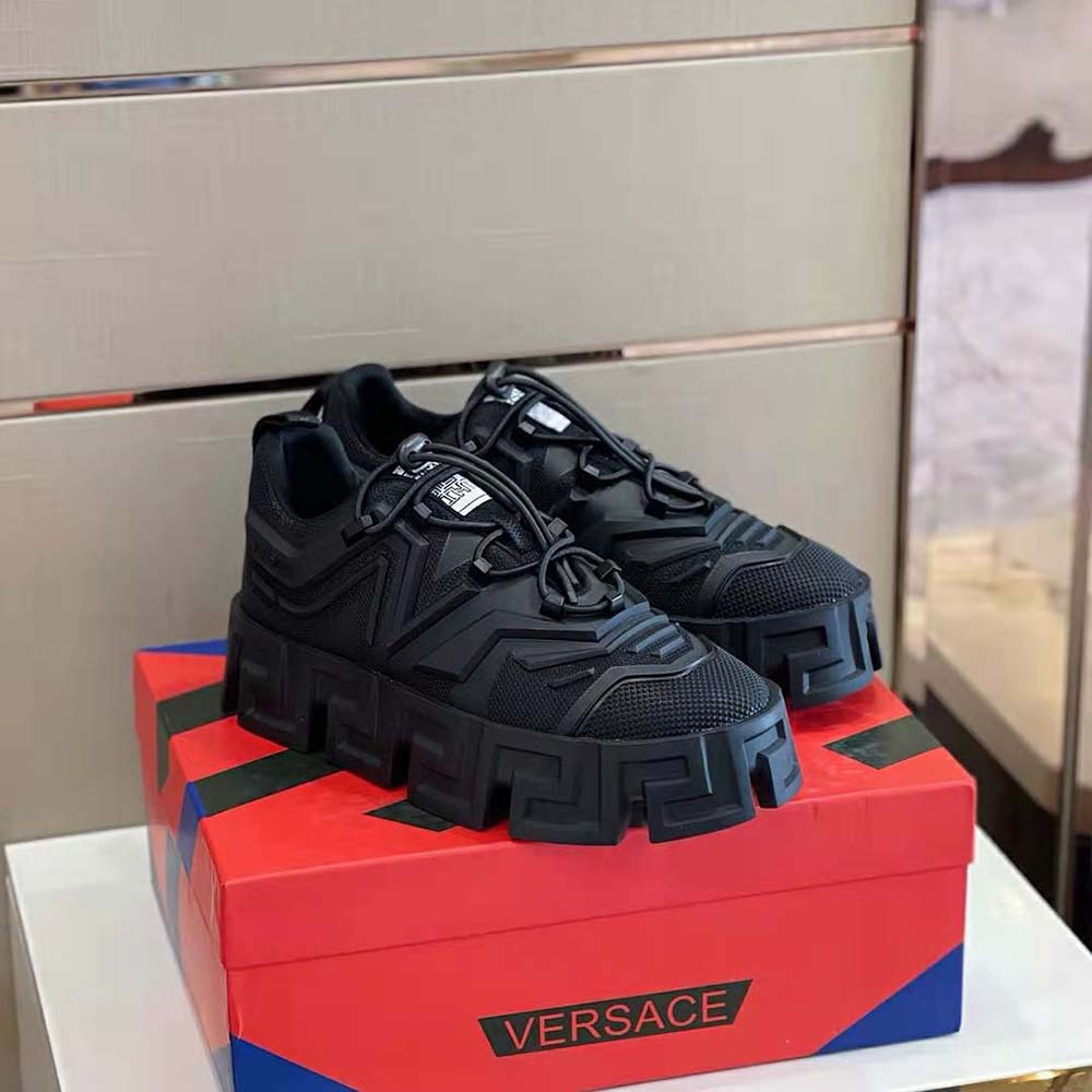 Top view of laced Versace Men Greca Labyrinth Lace-up Shoes-Black highlighting black leather