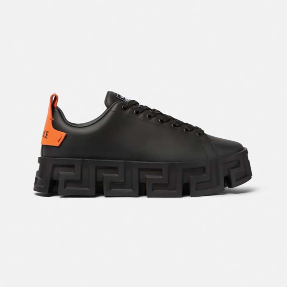 Side profile of Versace Men Greca Labyrinth Trainers-Black with orange details