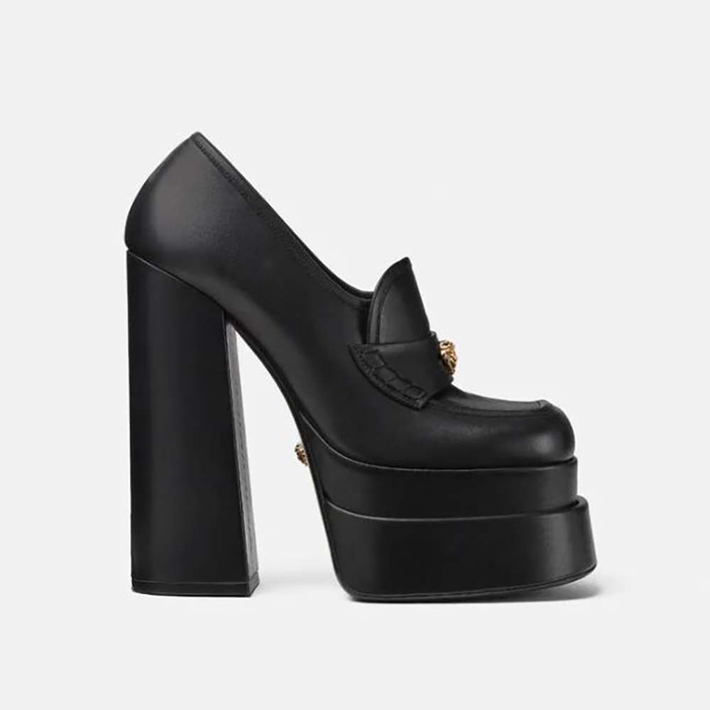 Side profile of Versace Women Intrico Platform Loafers in 15cm Heel Height-Black