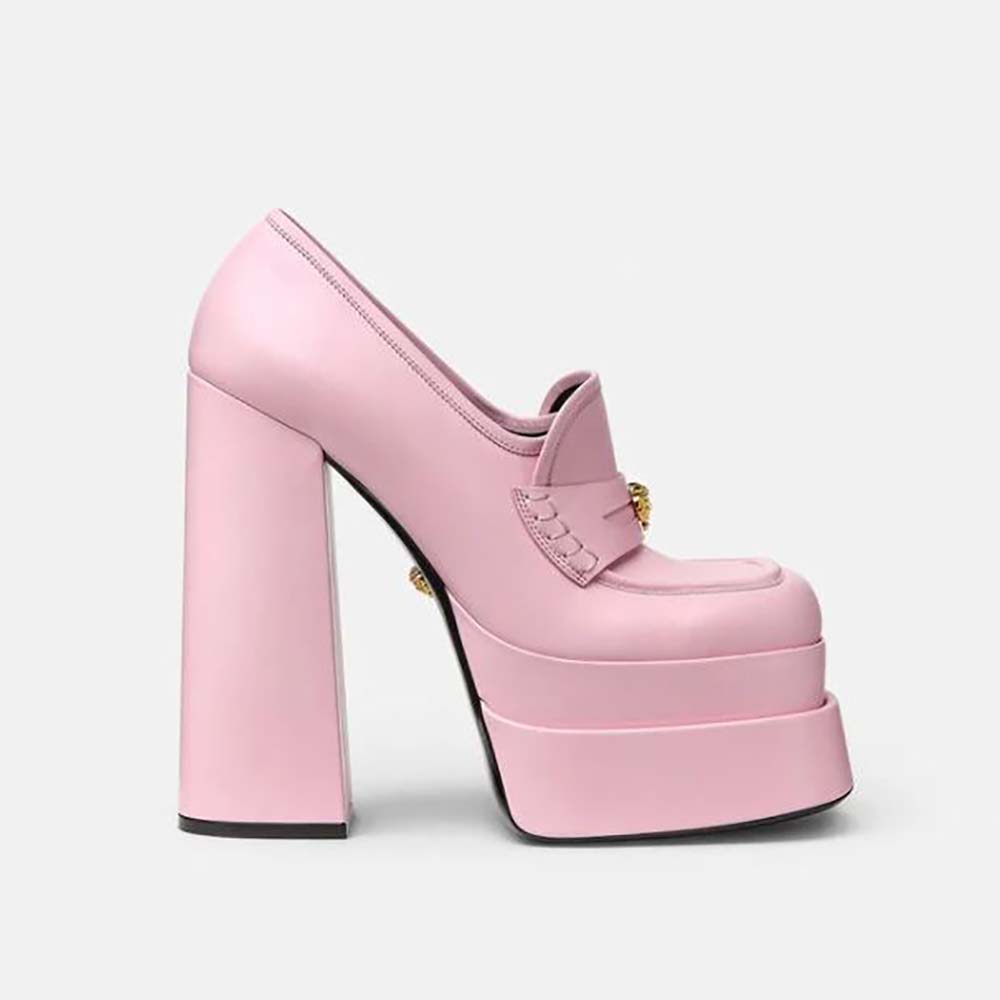 Side view of Versace Women Intrico Platform Loafers in 15cm heel pink