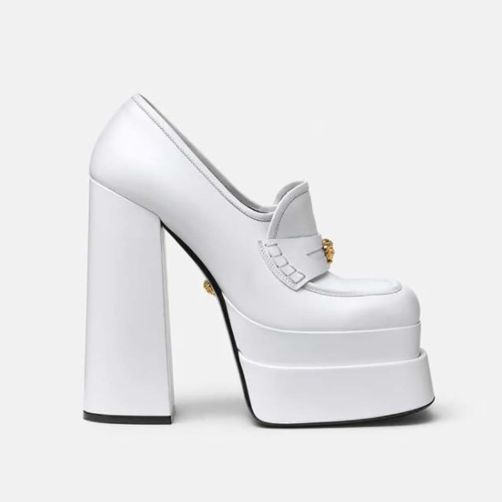 Side view of Versace Women Intrico Platform Loafers in 15cm Heel Height-White