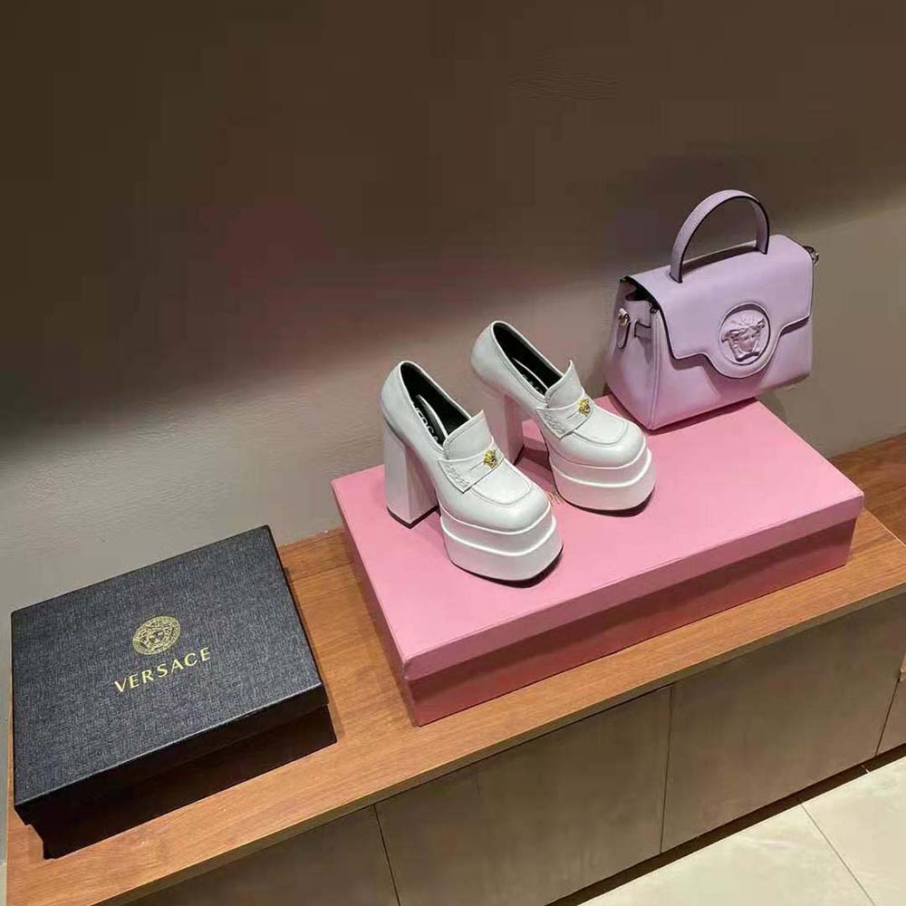 Top view showing gold Medusa hardware on Versace Women Intrico Platform Loafers