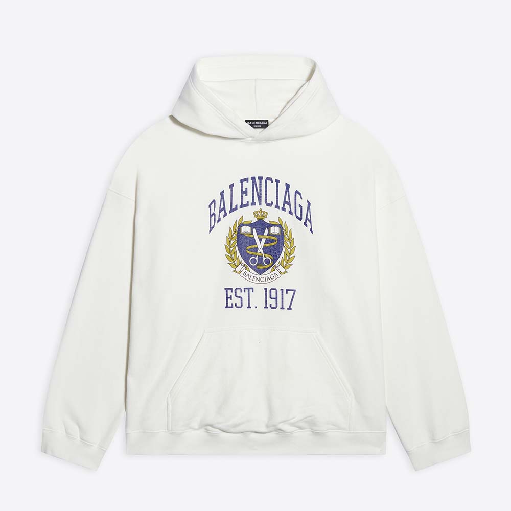 Front view of Balenciaga Women College Wide Fit Hoodie in off-white and dark blue fleece