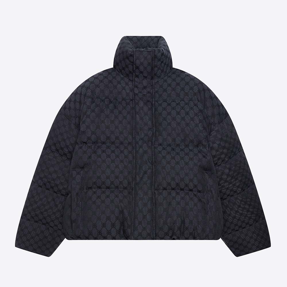 Front angled view of Balenciaga Men Hacker BB Puffer in black and dark grey jacquard