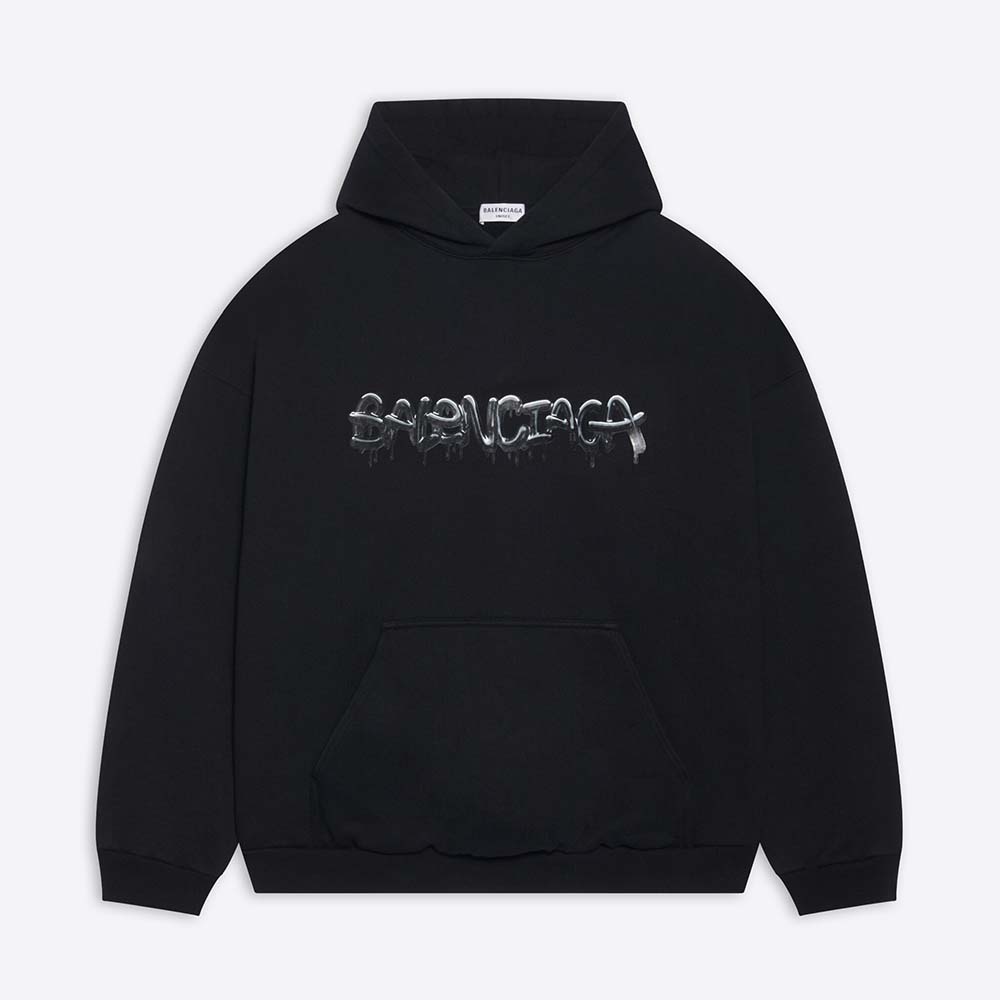 Front view of Balenciaga Men Hoodie Wide Fit in Black Heavy Fleece