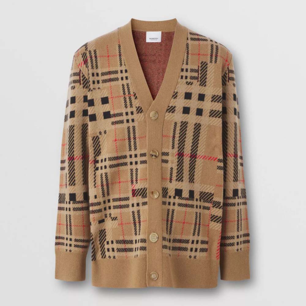 Front view of Burberry Women Check Cashmere Jacquard Cardigan-Brown