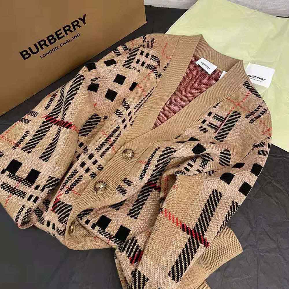 Burberry Women Check Cashmere Jacquard Cardigan-Brown - image 4