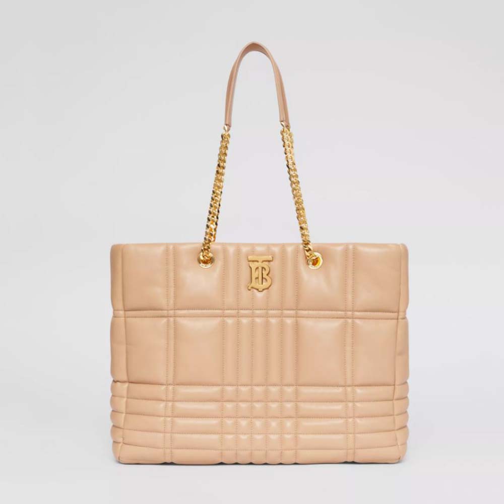Front view of Burberry Women Medium Quilted Lambskin Lola Shopper Bag-Sandy
