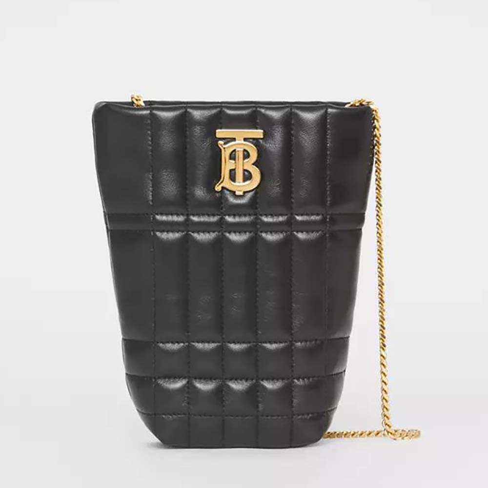 Front view of Burberry Women Micro Quilted Lambskin Lola Bucket Bag-Black