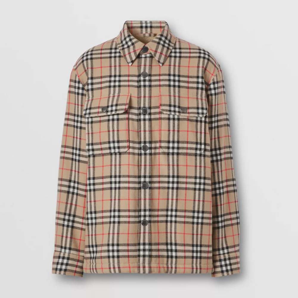 Front view of Burberry Women Vintage Check Wool Cotton Overshirt in brown
