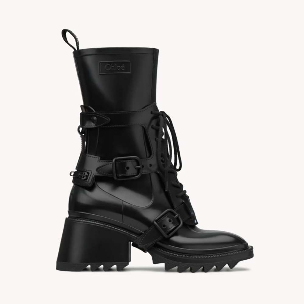 Side view of Chloe Women Harnessed Betty Rain Boot in PVC-Black