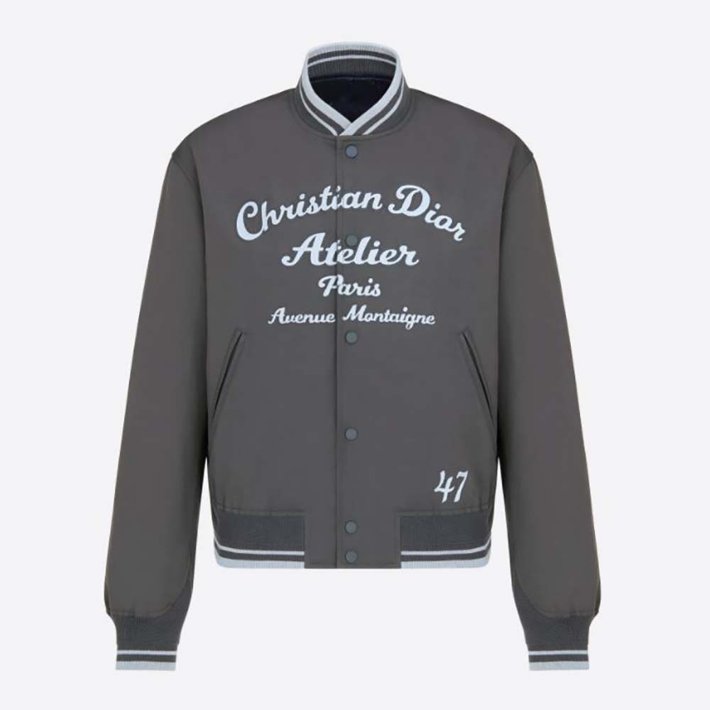 Front view of Dior Men Christian Dior Atelier Teddy Blouson Gray Technical Faille