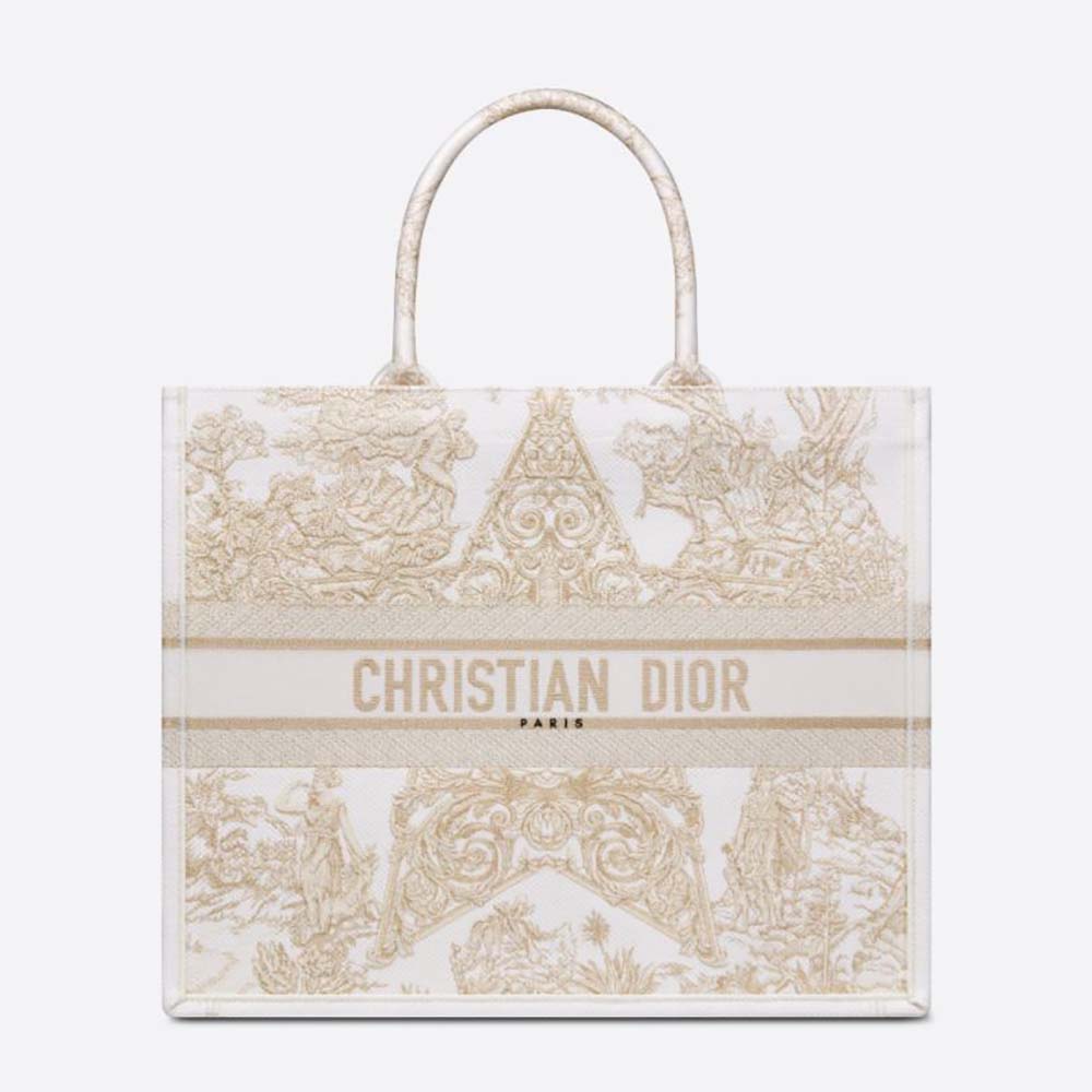 Front view of Dior Women Book Tote Gold-Tone Dior Around the World Stella Embroidery