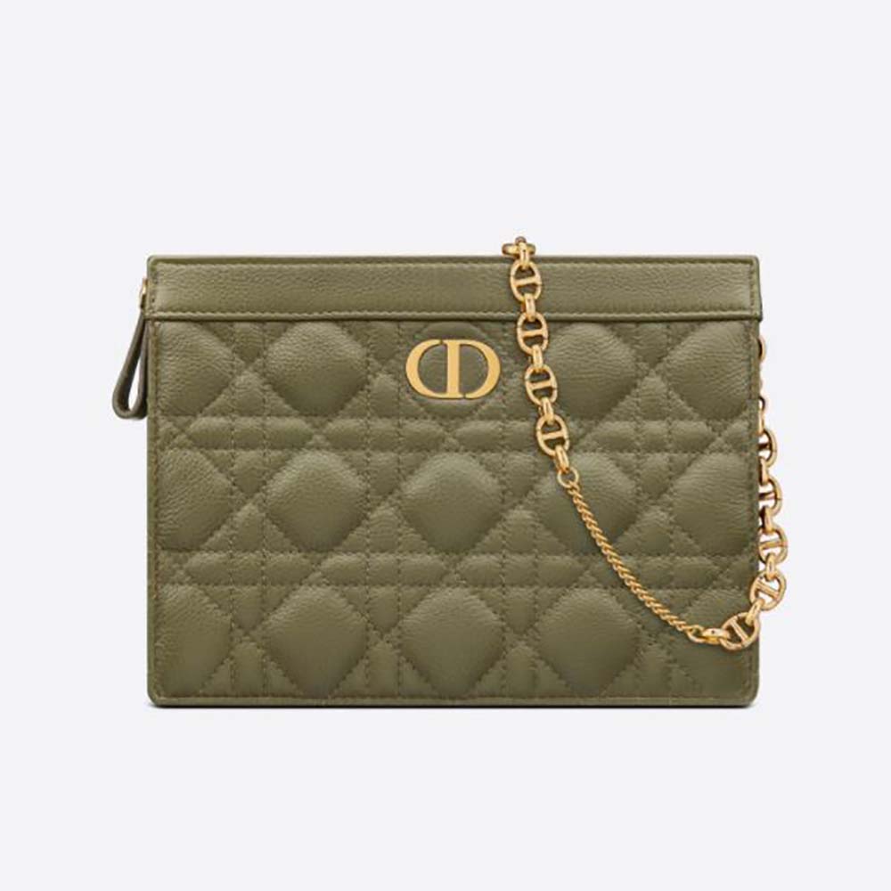 Front angle of Dior Women Caro Zipped Pouch with Chain Cedar Green leather