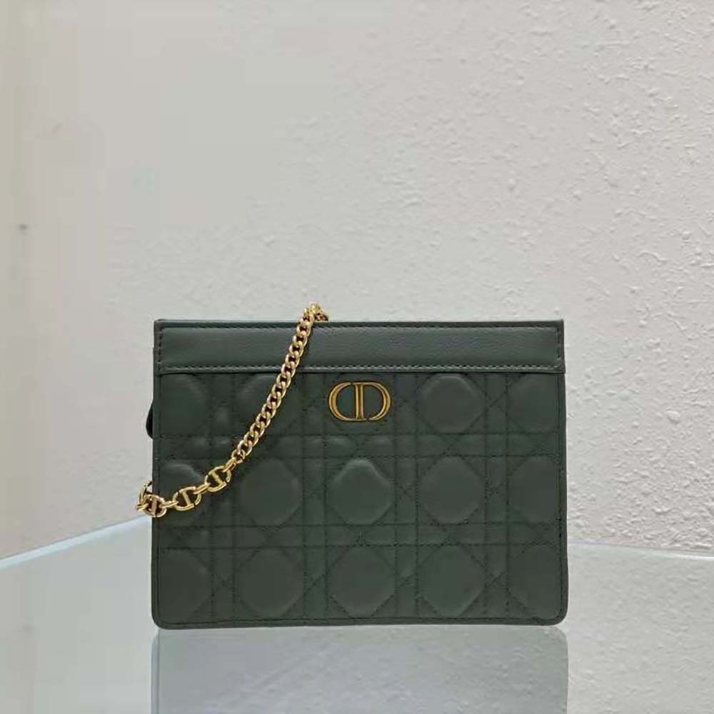Close-up of Cannage stitching and gold chain on Dior zipped pouch