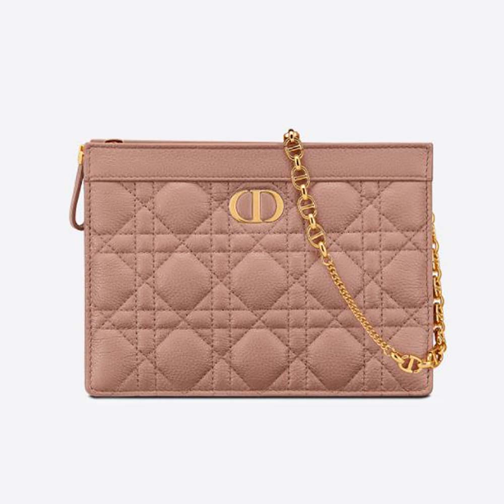 Front view of Dior Women Caro Zipped Pouch in pink calfskin