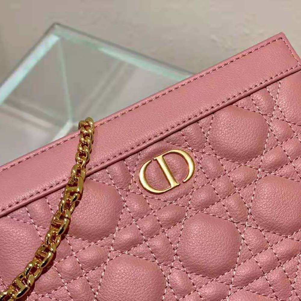 Dior Women Caro Zipped Pouch with Chain Cedar Green Supple Cannage Calfskin-Pink - image 9