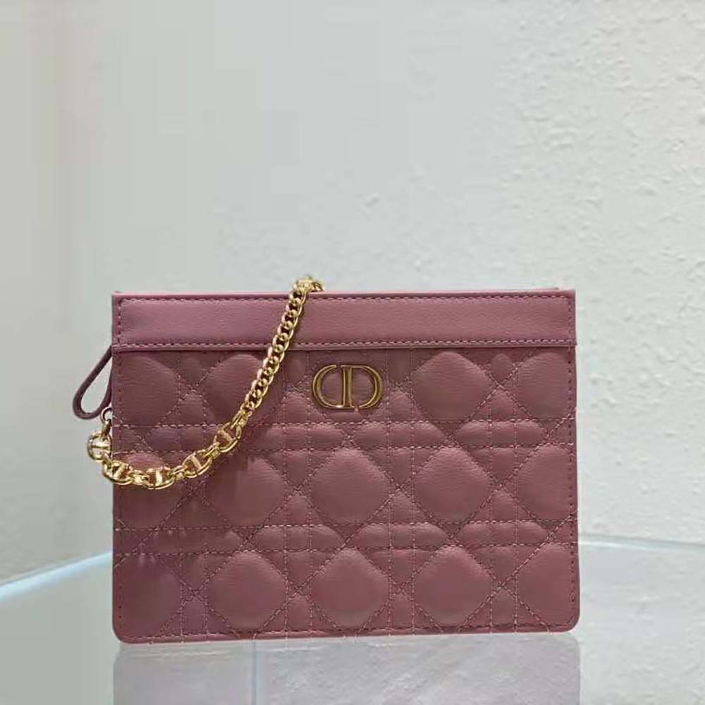 Close-up of silver chain and zipped closure on Dior pouch