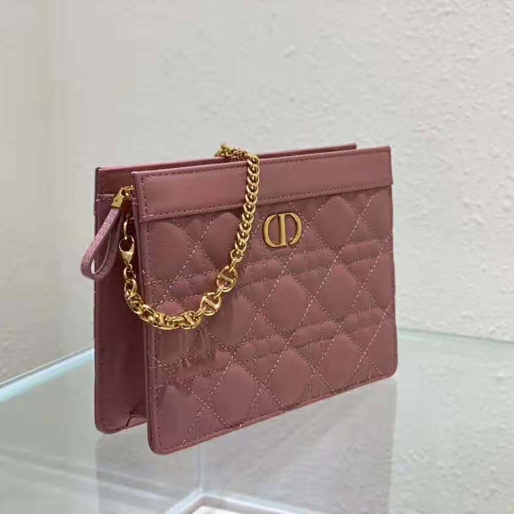 Dior Women Caro Zipped Pouch with Chain Cedar Green Supple Cannage Calfskin-Pink - image 4