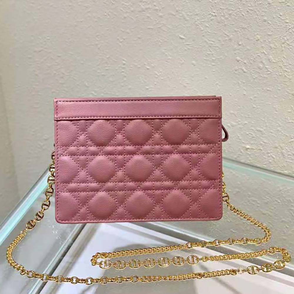 Side angle showcasing supple Cannage calfskin texture and pink tone