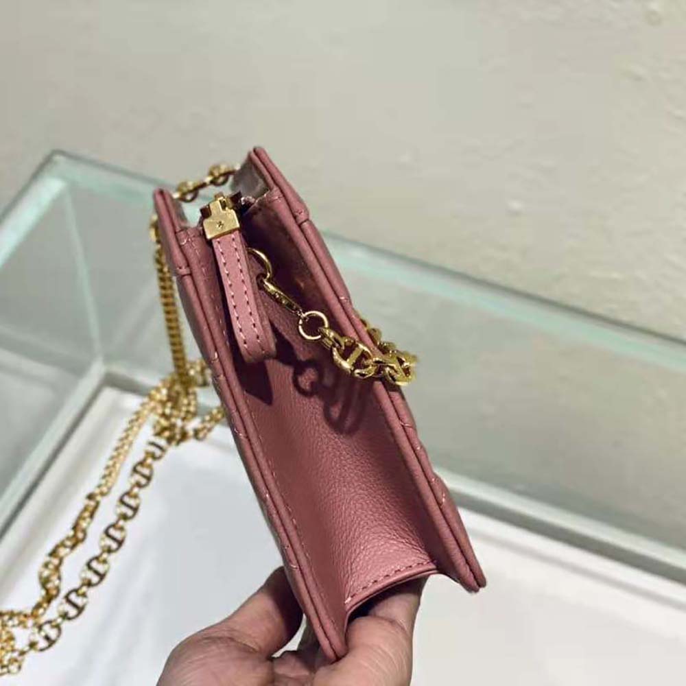 Dior Women Caro Zipped Pouch with Chain Cedar Green Supple Cannage Calfskin-Pink - image 8