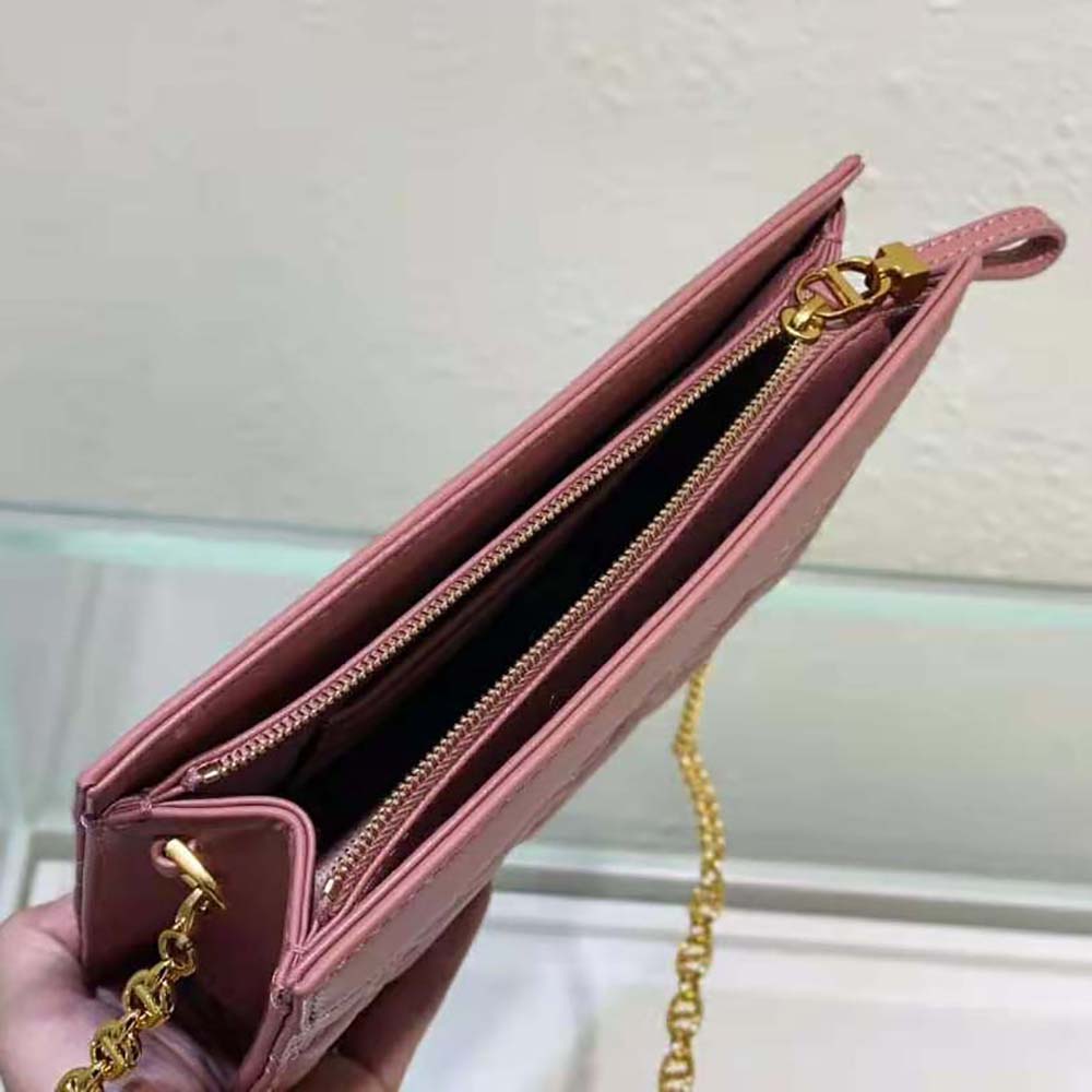 Dior Women Caro Zipped Pouch with Chain Cedar Green Supple Cannage Calfskin-Pink - image 7