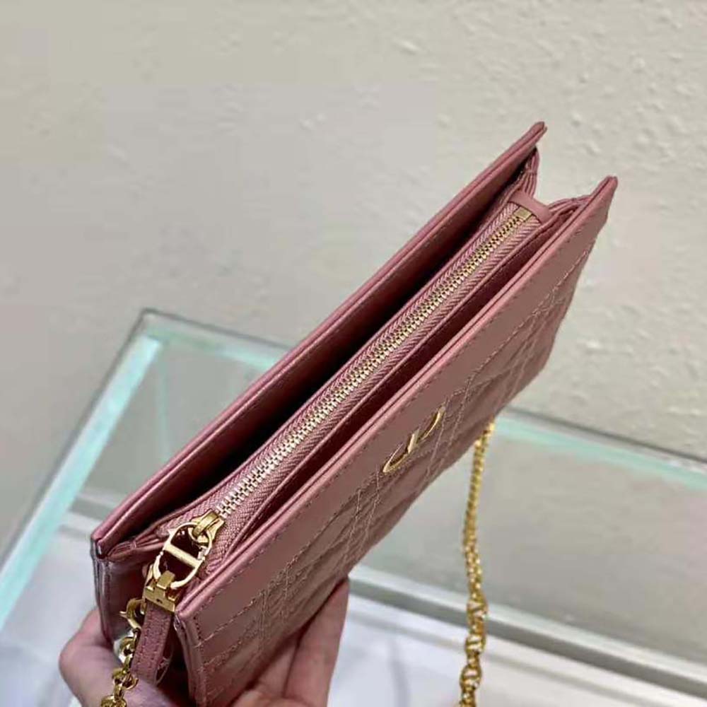 Dior Women Caro Zipped Pouch with Chain Cedar Green Supple Cannage Calfskin-Pink - image 6