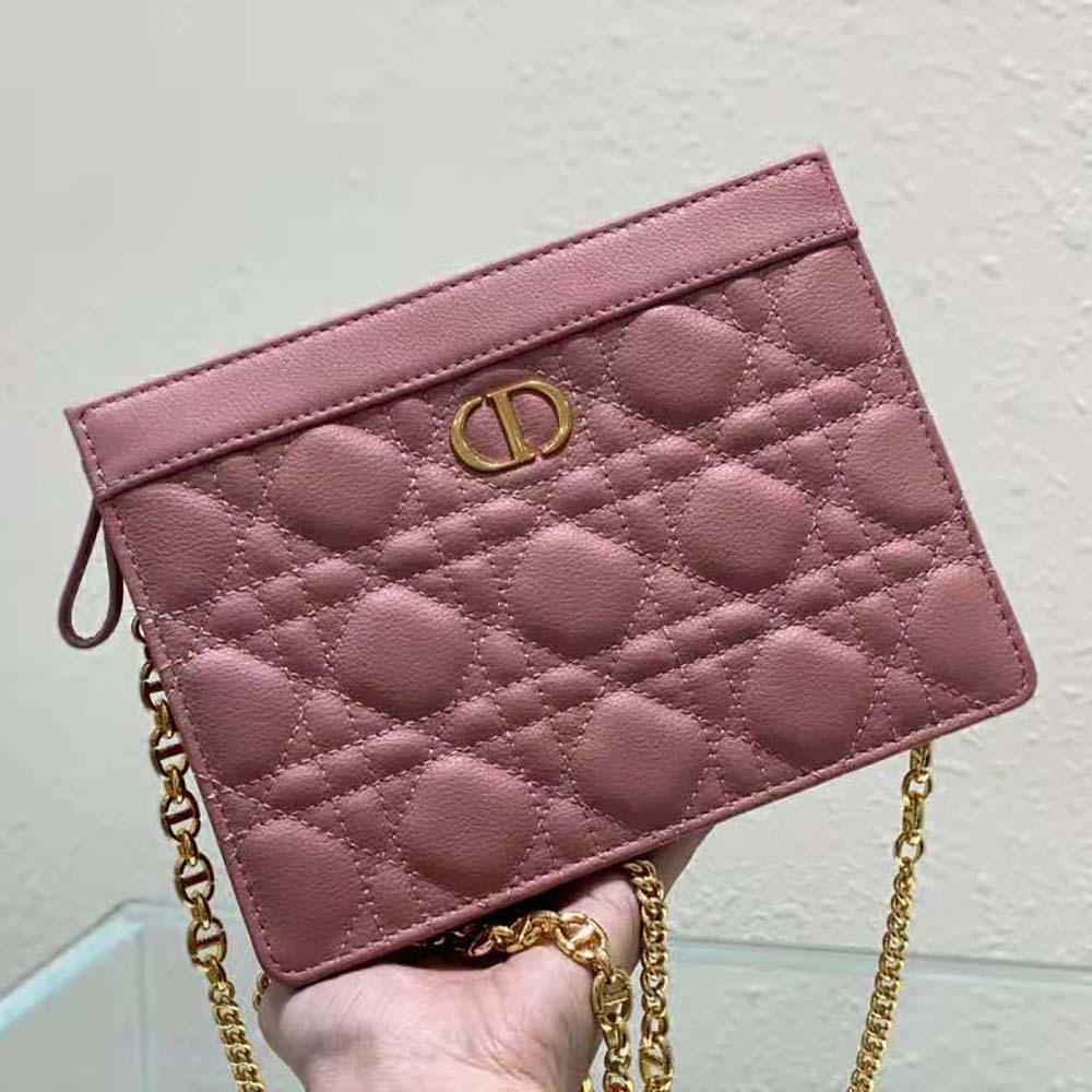 Dior Women Caro Zipped Pouch with Chain Cedar Green Supple Cannage Calfskin-Pink - image 5