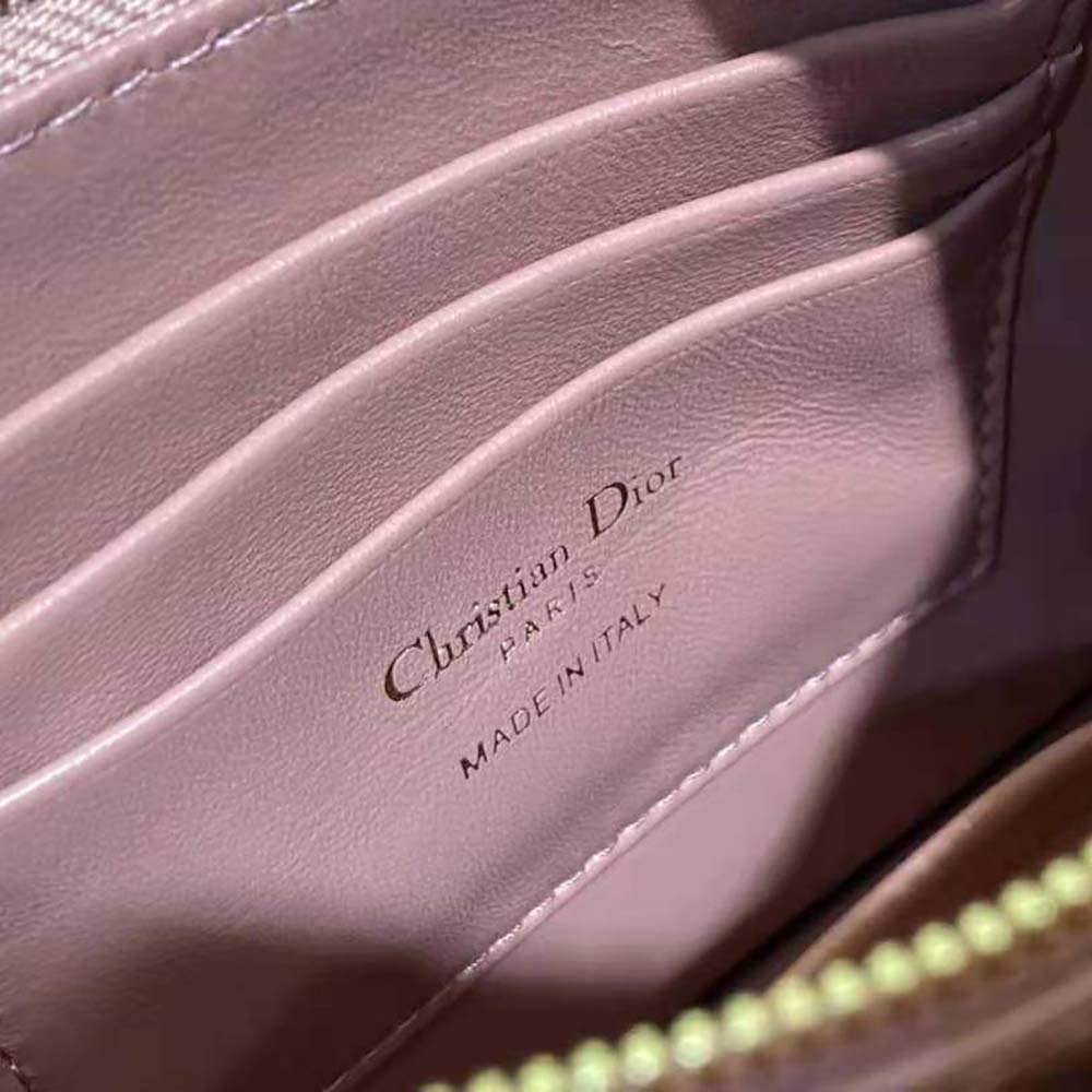 Dior Women Caro Zipped Pouch with Chain Cedar Green Supple Cannage Calfskin-Pink - image 10