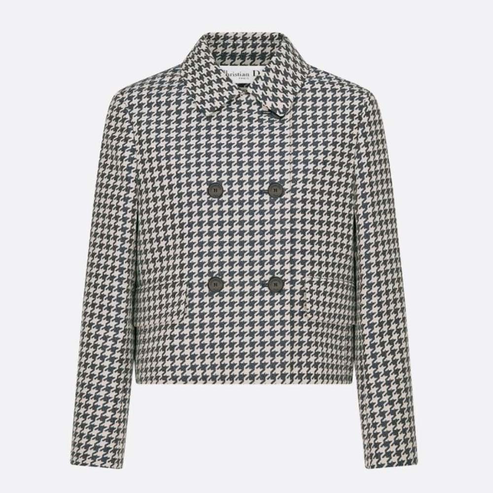 Front view of Dior Women Cropped Jacket Navy Blue Technical Cotton Jacquard