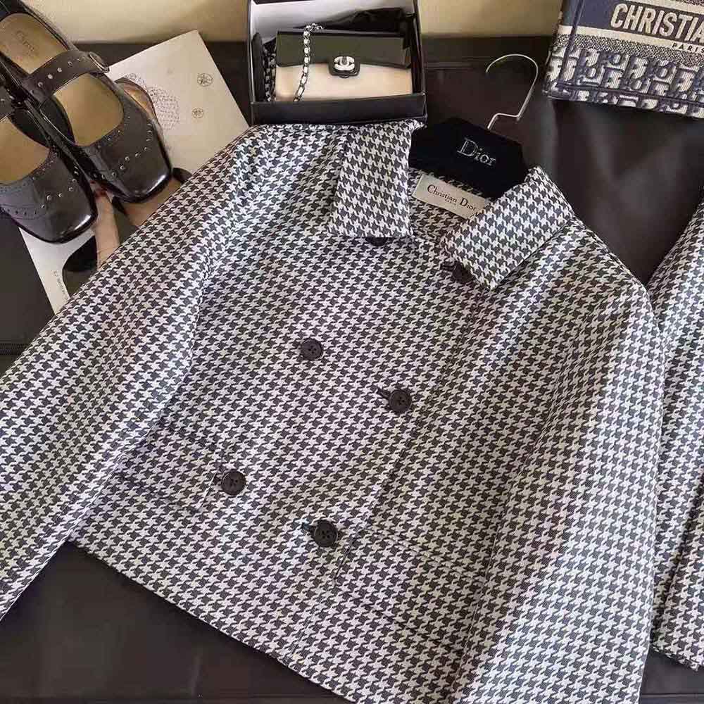 Dior Women Cropped Jacket Navy Blue Technical Cotton Jacquard with Micro Houndstooth Motif - image 5