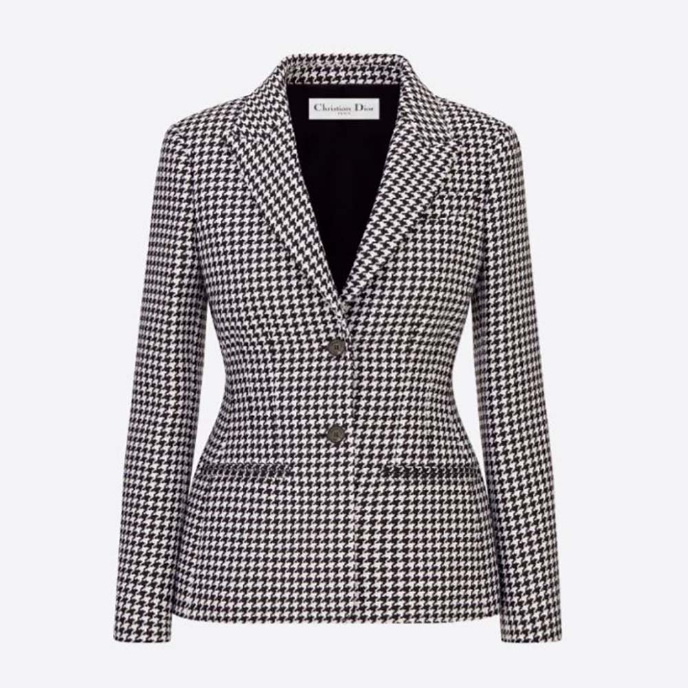 Front view of Dior Women Fitted Jacket Black and White Wool Twill and Silk